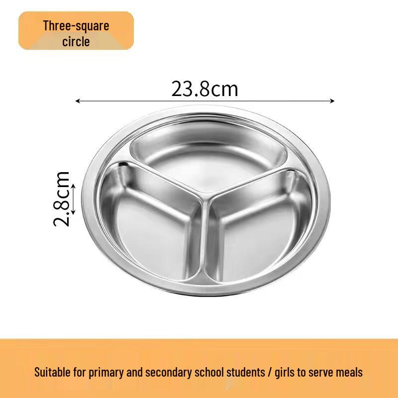 304 Stainless Steel Three-Compartment Lunch Tray for Kids - Round Meal Plate for Kindergarten, Students, and Babies