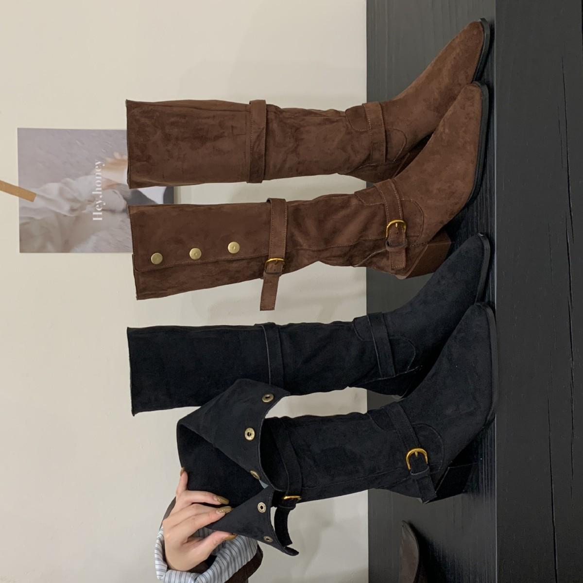 

2025 new square head thick heel belt buckle thick heel knight boots versatile Spice Girl nightclub women s boots 39 коричневый