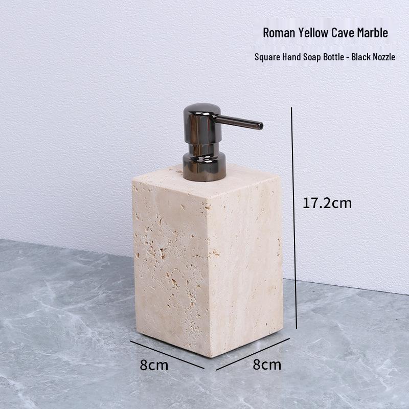 Badezimmerset aus gelbem Marmor im chinesischen Stil: Tablett, Aromatherapie-Ornament, Handseifenspender & Taschentuchbox.