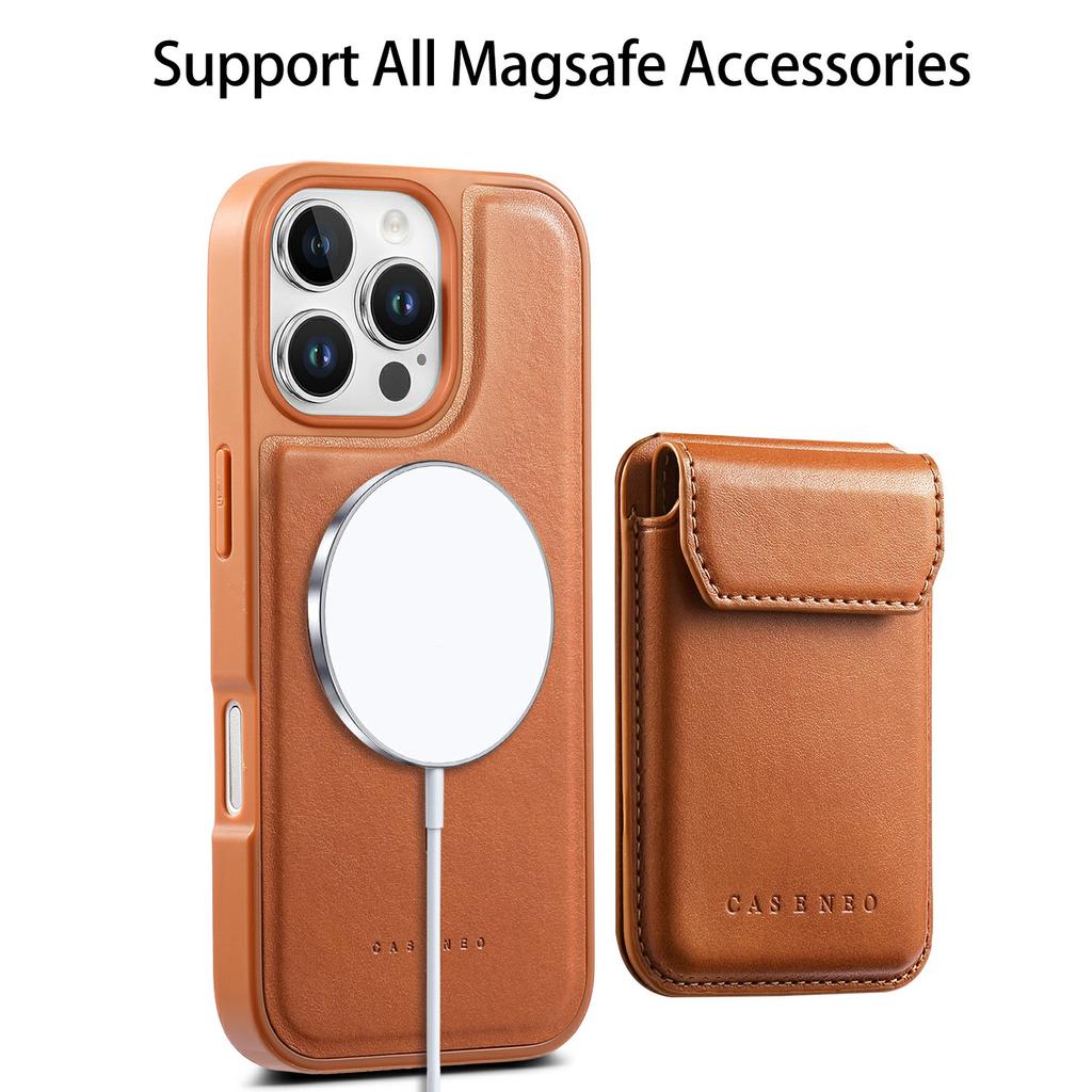 CASENEO For iPhone 16 Pro Magnetic Case PU Leather PC Phone Cover with Detachable Card Holder Kickstand Compatible with MagSafe
