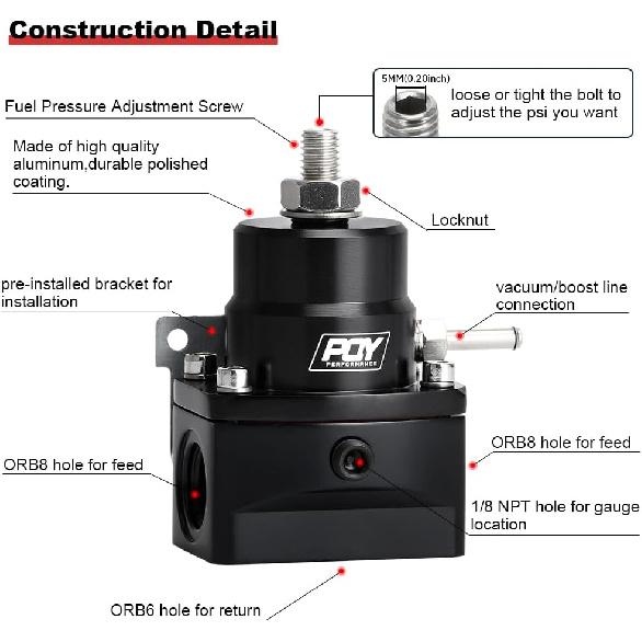Adjustable Fuel Pressure Regulator Kit 3-70PSI With AN8 Feed Port And AN6 Return Port (Black)