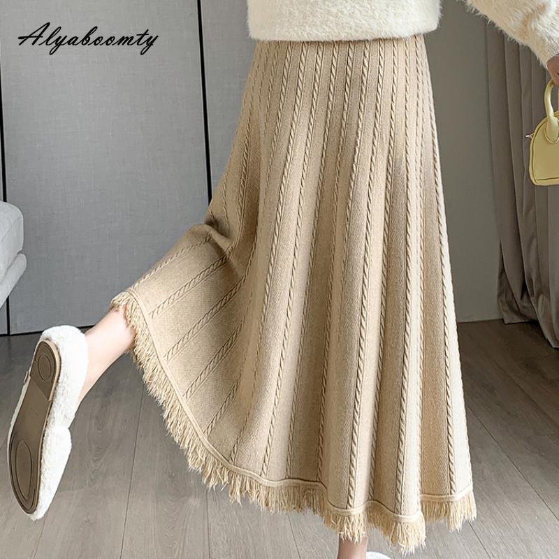 Koreanische Mode Herbst Winter Frauen Midi Rock Hohe Taille Grau Schwarz Aprikose Kaffee Dicke Warme Rock Elegante Quaste Feminine Röcke für frauen