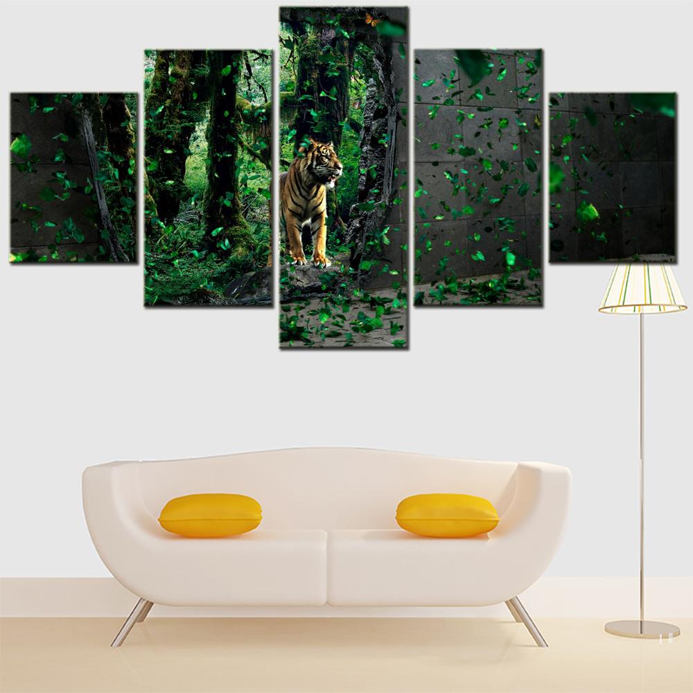 5 Pieces Canvas Wall Arts Poster Painting Animals Tiger Mystical Forest Wallpaper Home Decor Picture Printing Interior Artwork