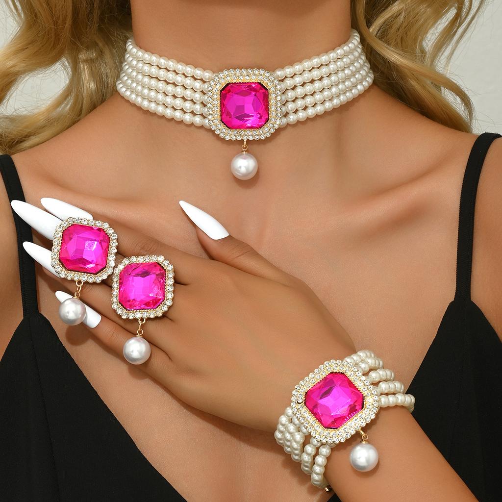 Women's Fashion Light Luxury Short Style Imitation Zircon Rhinestone Necklace Earrings Bracelet Zircon Set Party Festival Gift