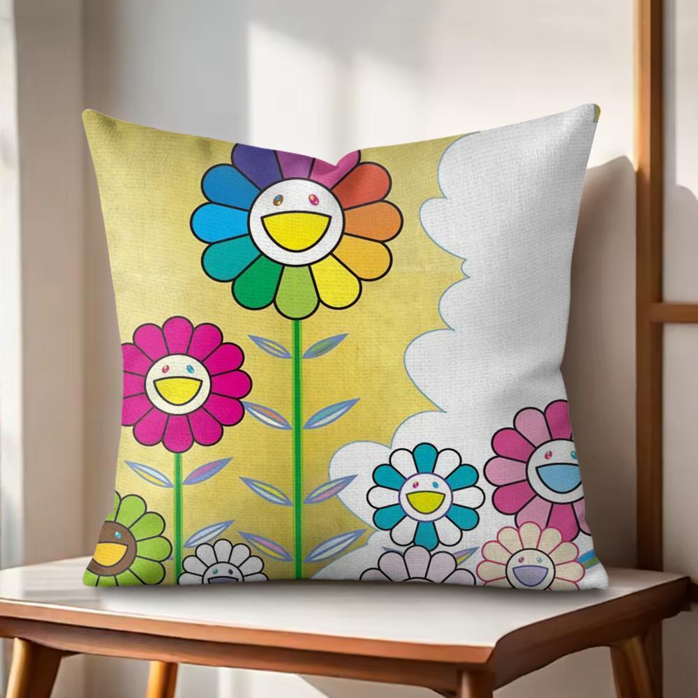 Art Sunflower MMurakamiTakashi Cushion Cover Natural Linen Organic Fabric DoubleSided Printing Couch Pillow Covers Home Decor