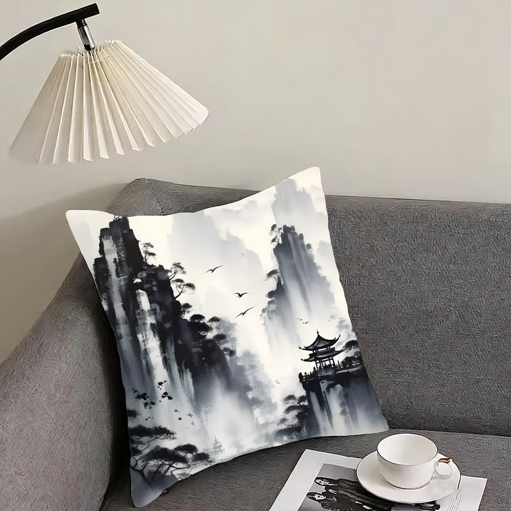 Chinese Ink Painting Style Cushion Cover Reversible Plush Pillow Cover – For Car, Sofa, Bedroom, Perfect As a Gift.
