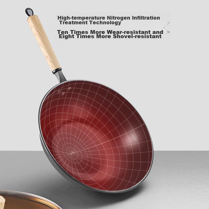 KOBACH Iron Wok, Uncoated Frying Pan, Pure Iron Cooking Pan, Compatible with Induction And Gas Stoves, Cookware, 32cm