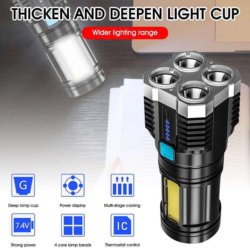 High Power LED Flashlights Camping Torch with 4 Lamp Beads and COB Side Light Rechargeable Portable Hand Lantern 4 Lighting Mode