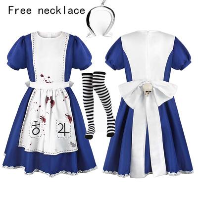 Damen Anime Alice Cosplay Kostüm mit Halskette Alice Kleid Dienstmädchenschürze für Halloween Spiel Madness Returns Thema Mädchen Outfit