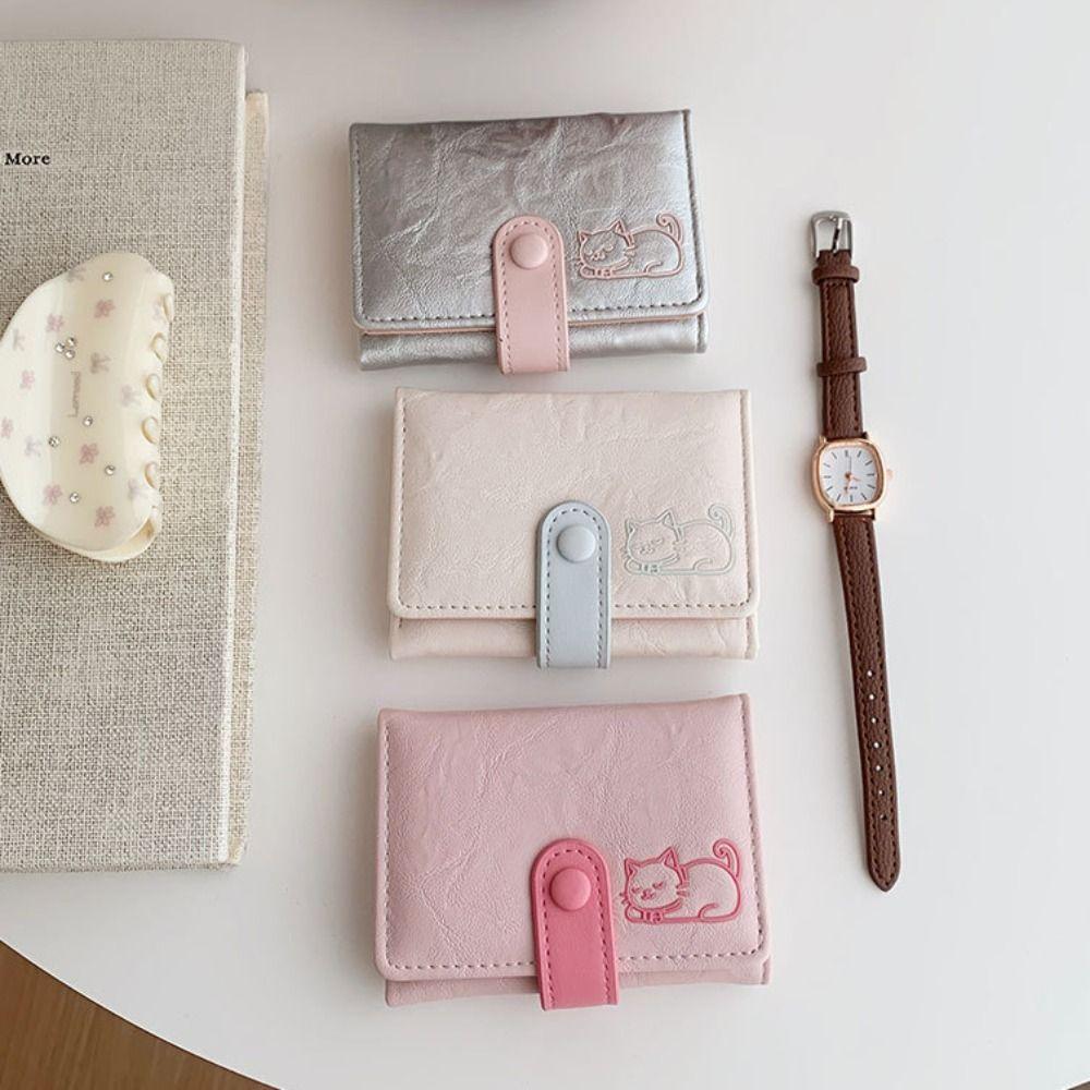 Cute Short Leather Purse PU Leather Three Fold Wallet Versatile Cat Printed Wallet  Girls