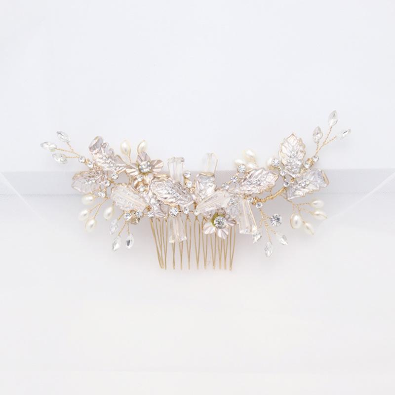 Gold Leaf Butterfly Flower Beaded Bridal Hair Comb