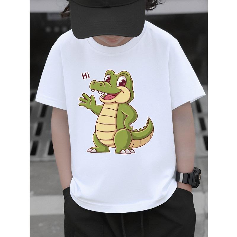 Boys Crewneck T-Shirt, Cute Waving Hi Crocodile Print 110 белый