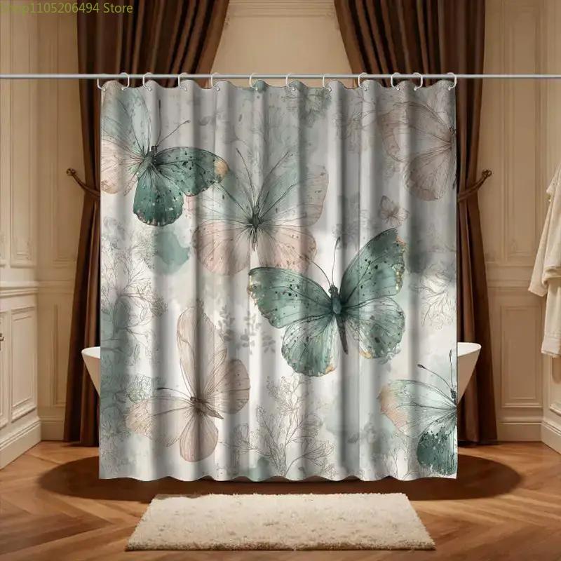 1pc Bathroom Shower Curtain, Butterfly Garden Visit Experience, Anniversary Shower Curtain, with 12 Hooks, 180*180Cm Bathroom