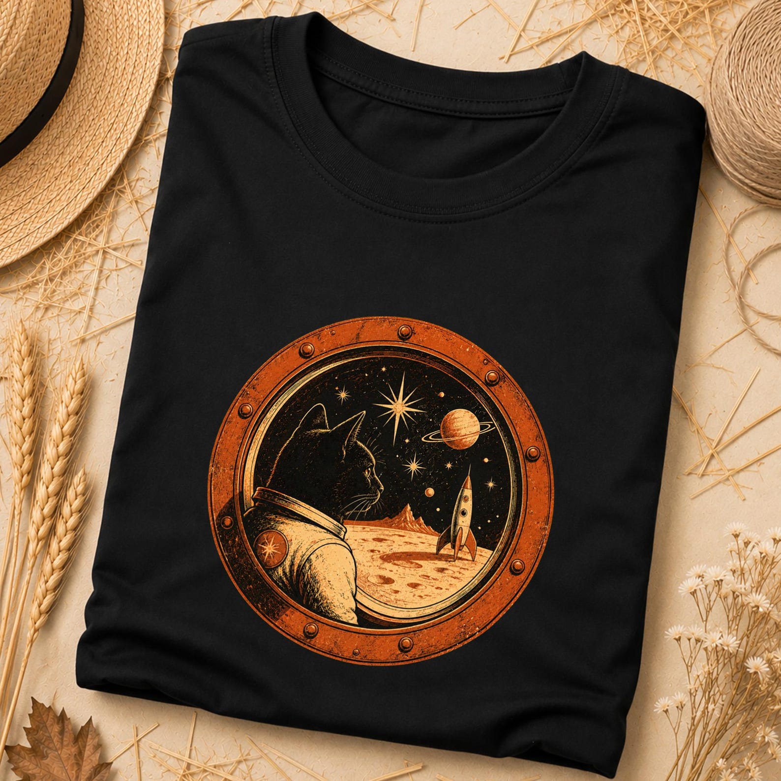 Japanese Space Cat Tee, Mid Century Japanese Art Shirt, Minimalist Lucky Symbol Shirt, Lucky Cat Aesthetic Graphic, Retro Galaxy Cat Graphic 4XL