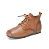 Johnature Genuine Leather Pleated Short Boots Round Toe Soft Sole Lace Up Versatile Women's Shoes