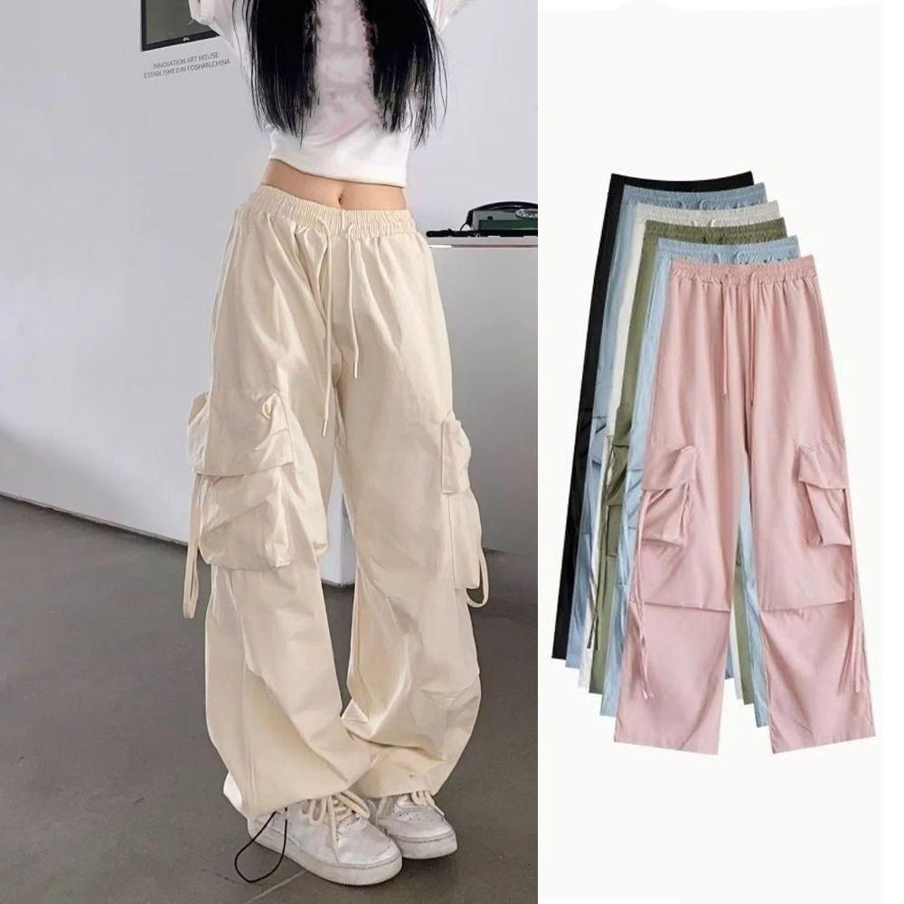 Drawstring Wide Leg Sweatpants Multi-pockets Women Joggers Trousers Baggy Cargo Pants  Sports