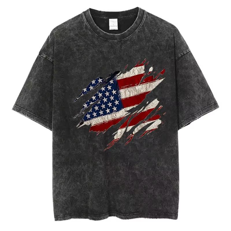 Vintage Washed Cotton TShirt Men Years USA Independence Day Graphic Tee Fighter Jet Patriotic Acid Wash