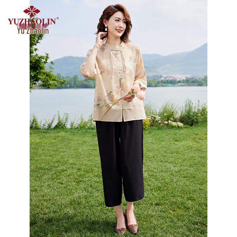 Yuzhaolin Mid-Aged Women's Chinese Style 3/4 Sleeve Top Set