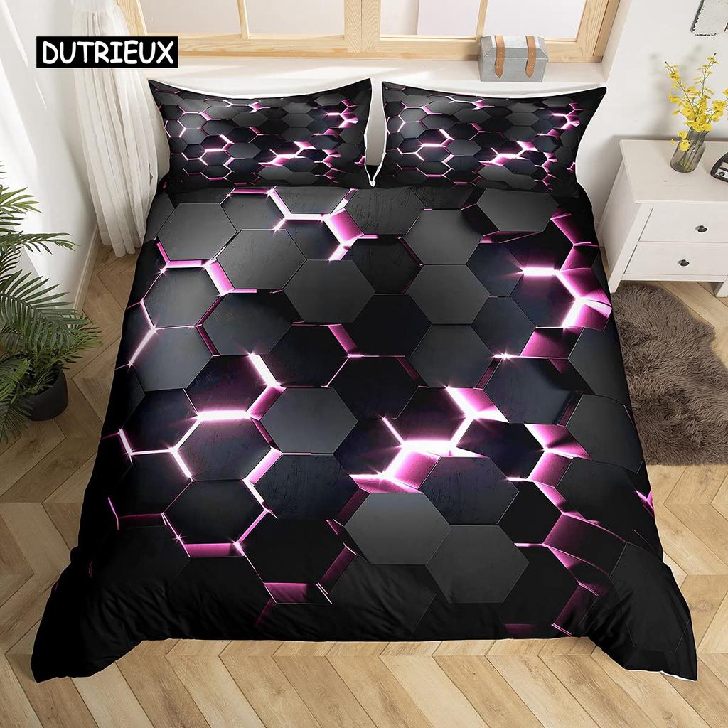 Honeycomb Duvet Cover Set Queen Size Geometry Hexagon Theme with Pink Blue Neon Lights Chic Comforter Cover for Boys Teen Man
