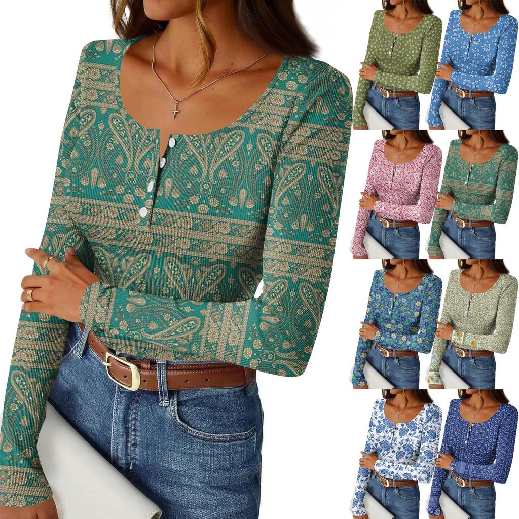 Women's Slim Bottom T-shirt Fashion Casual Gradient Printing Round Neck Pullover Long Sleeve Top
