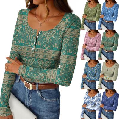 Women's Slim Bottom T-shirt Fashion Casual Gradient Printing Round Neck Pullover Long Sleeve Top