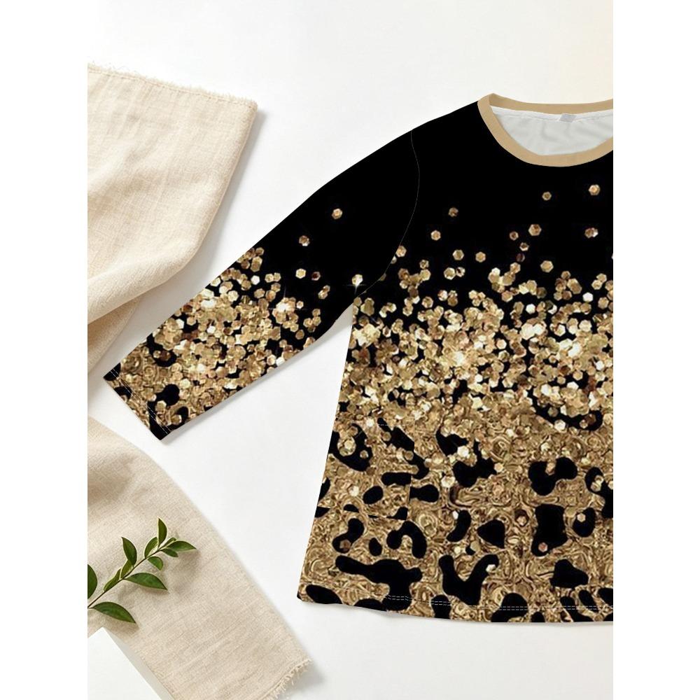 Women's Plus Size Pocket Gold Printed Loose Knitted Sweater, Women's Fashion Long Sleeve Top