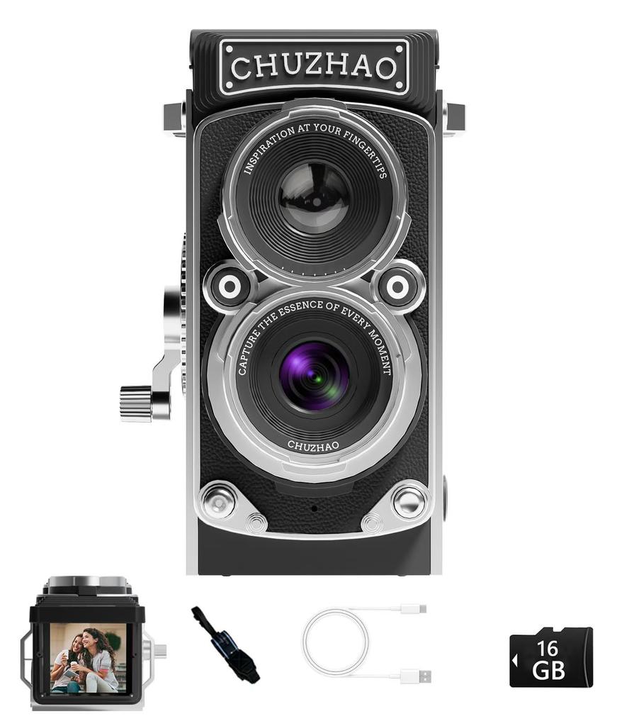 CHUZHAO Vintage Mini Digital Portable Retro Compact 1080P Video Camera with 12MP Autofocus for and Includes 16GB Neck Charging and Japanese