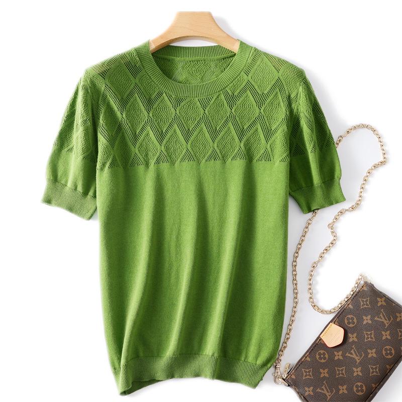 Summer's New Round Neck Simple and Hollow Short-sleeved Loose Casual Knitted Half Sleeve