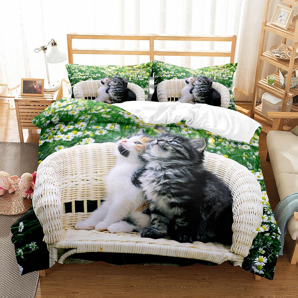 Kočičí povlečení na přikrývku Sada Vzor domácích koček Jednolůžková ložní souprava Roztomilé kotě Pro chlapce Polyester Záhadná Roztomilá kočka King Size Povlak na přikrývku