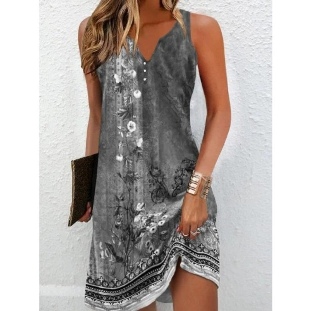 Women's European American Style Sleeveless V Neck A-line Dress, Casual Floral Button 3D Pattern Dress