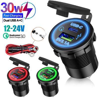 Wasserdichte Auto-USB-Ladebuchse, QC3.0-Schnellladeanschluss in Marinequalität mit Typ C und USB-A, LED-Panel für 12-24-V-Fahrzeugboote