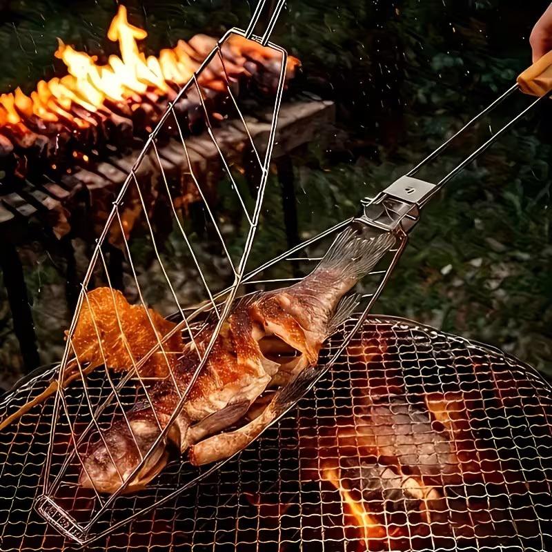 1pc Wooden Handle Barbecue Tongs, Heavy-Duty Fish Tongs For Kitchens And Restaurants, Outdoor Camping Barbecue Tools