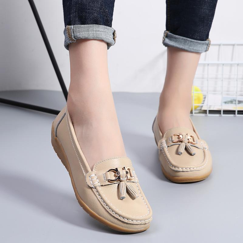 Autumn mother shoes single shoes women's flat bottom women's Doudou shoes genuine leather flat heel soft sole leather shoes large size women's shoes