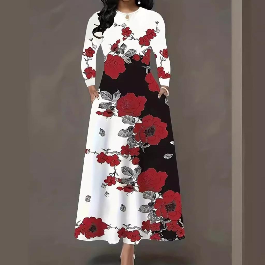 LYRIA Women's Casual Dress, Plus Size Print Half Sleeve Round Neck Maxi Dress With Pockets