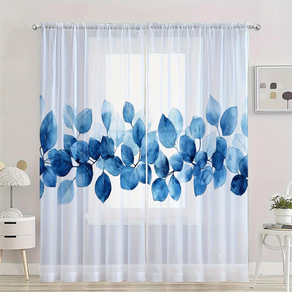 2 Stück HD digital Blau Blätter bedrucktes Fenstergitter Heimdeko Stil Dekoration Wohnzimmer Schlafzimmer Stange