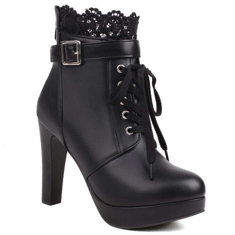 

Classic White Black Women s Ankle Boots Autumn Winter Short Boot Platform Lace-up High Heels Party Footwear Shoes Lace Big Size 42 чорний
