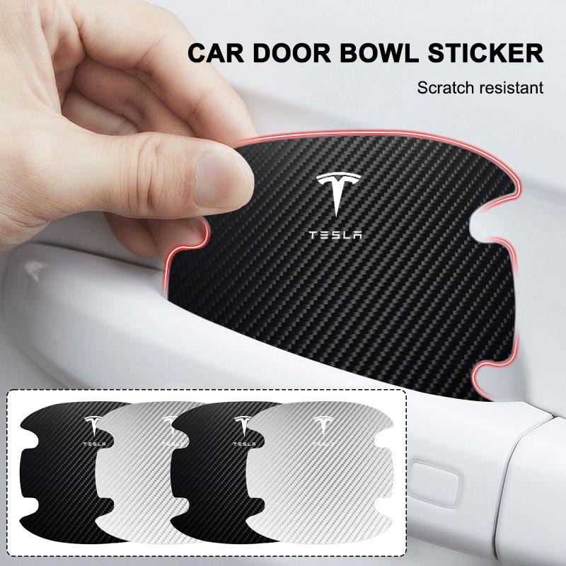 BFNWZ1 4Pcs/Set Car Door Handle Sticker Carbon Fiber Scratches Resistant for Tesla Model 3 Y X S TM3 TMX TMS 2016-2020 Wheel Center Cap