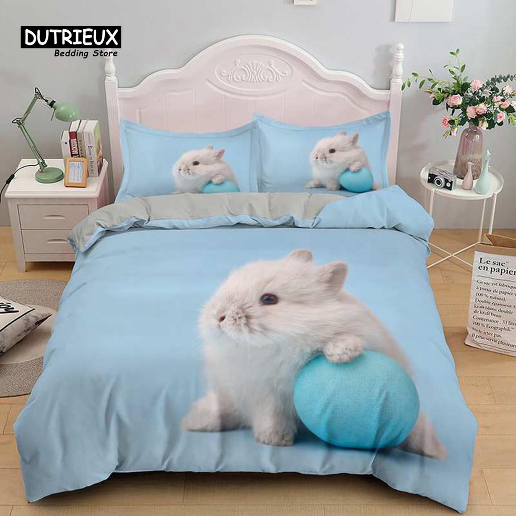 Soft Cartoon Pastoral Rabbit Duvet Cover Set Easter Eggs Print Bedding Set For Kids Child Microfiber Single King Comforter Cover