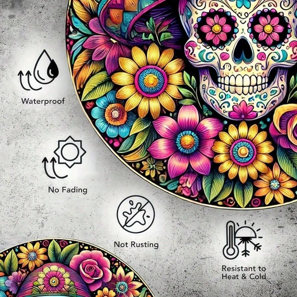 Day of the Dead Sugar Skull Metal Sign 8x8 Waterproof Aluminum Wall Art Vintage Halloween Decor for Home Garage Bar Cafe