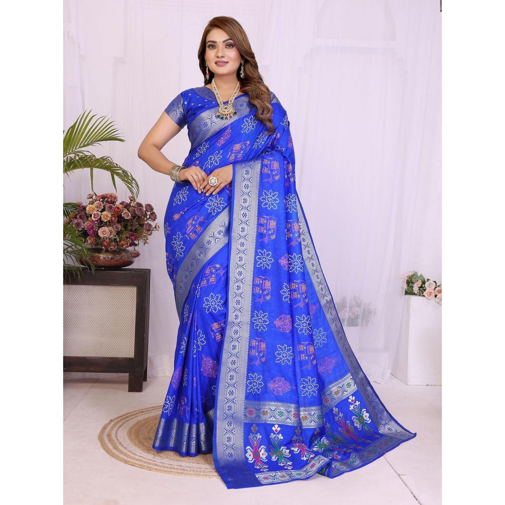 Ręcznie wybierany, lekki, miękki jedwab Dola, drukowany wzorem Bandhej Khadi Saree – doskonałe połączenie tradycji i żywej elegancji
