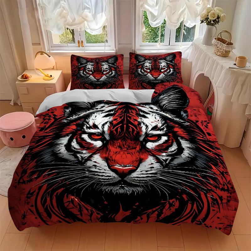 3pcs Red and Black Tiger Print Bedding Set (1 Cover + 2 Pillowcases, Without Inserts), This Printed Bedding Set is Soft and