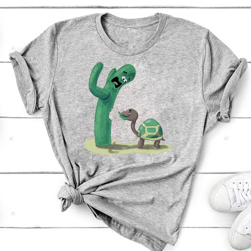 (Asian Size) Short Sleeve Print Cactus Trend Lovely Style Female T Clothing Summer Top Casual Ladies Graphic Tee Women's Fashion T-shirt