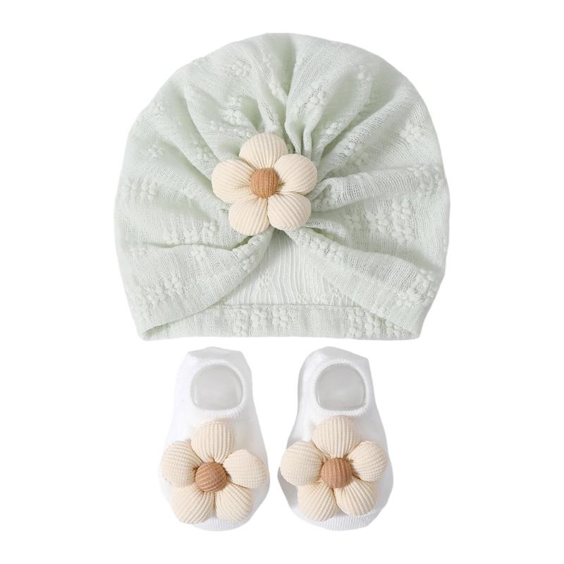 Elastic Infant Turban Hat Breathable Fetal Caps & Matching Socks Set Stylish Girls Clothing Accessories for Baby