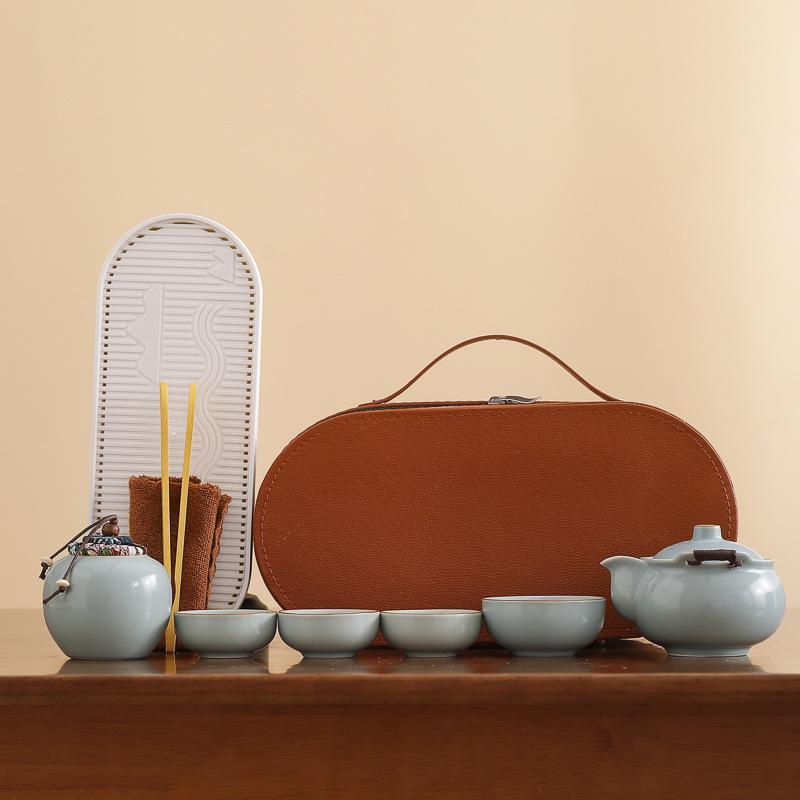 Hand-held Pot Twisted Lotus Portable Blue and White Travel Tea Set Kuaike Ru Kiln One Pot Three Cups Kuaike Cup Outdoor Gift