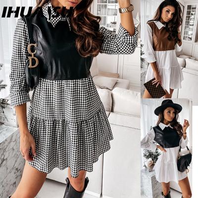 Mode Damen Lederkleid Patchwork Karomuster Mini Kleid Party Freizeitrock Frühling Rüschenkleid
