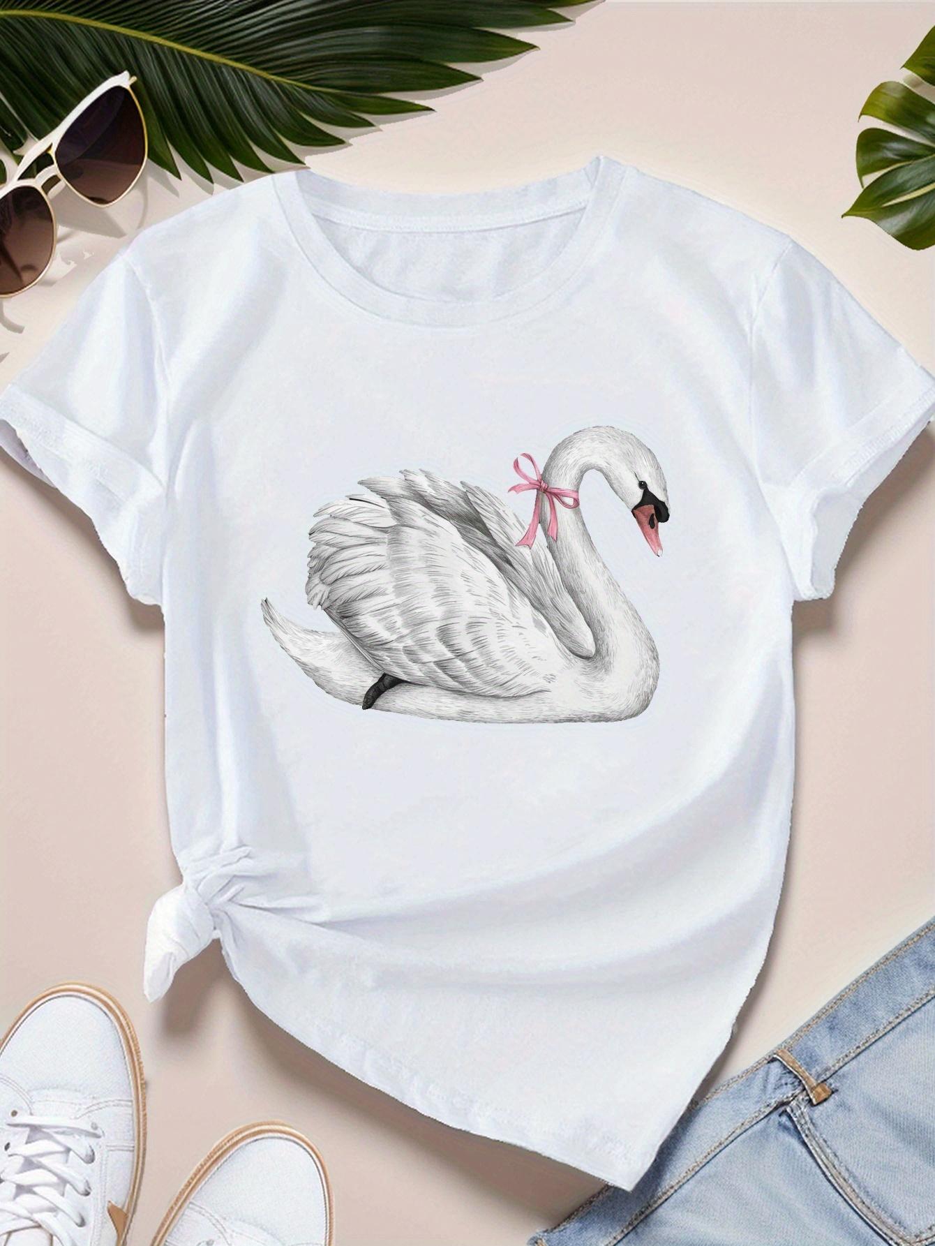 White Swan with Pink Ribbon Printed Women s T-Shirt Round Neck for Summer Women s Short Sleeve Tops Fashion Clothing S