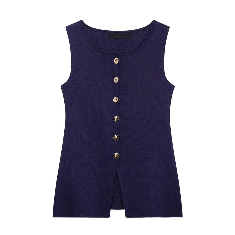 Spring New Arrival Knitting Sleeveless Tops Fashion Casual Round Neck Golden Button Plain Stitch Vest 4192100