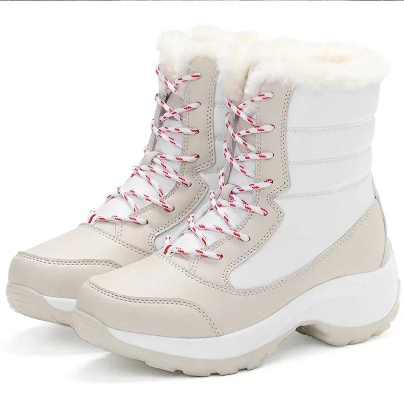 Women Winter Snow Boots Faux Fur Lined Warm Footwear Anti Slip Rubber Sole Beige Short Tube Stylish Warm Boots Plataforma Mujer