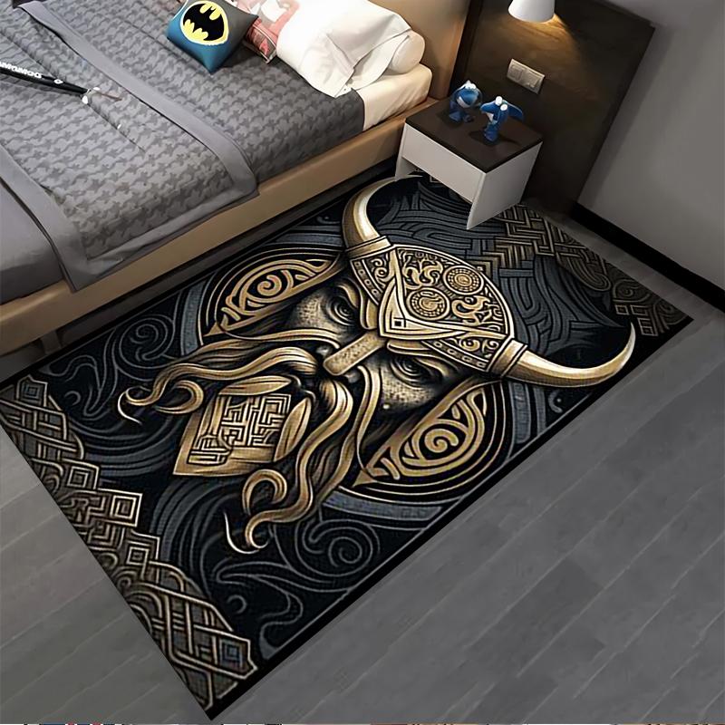 Nordic Viking Horned Helmet Pattern Carpet, Black and Gold Decor Suitable for use as an anti-slip for living room bedroom sofas