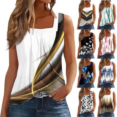 Καλοκαιρινό μπλουζάκι αμάνικο γιλέκο με στάμπα γυναικείας μόδας Casual με πλισέ τετράγωνο γιακά